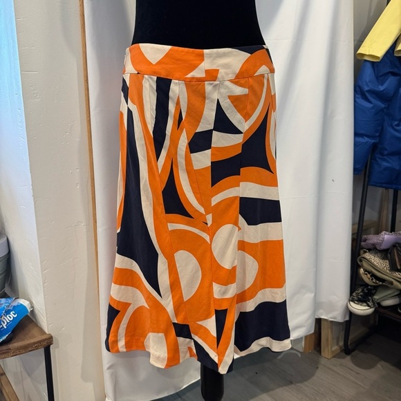 Theory Silk Blend Knee Length Skirt Orange Navy & Cream Abstract Pattern Size 4 - Picture 1 of 6